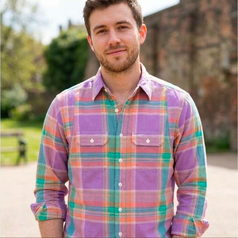 Polo Ralph Lauren Mens Large Plaid Button Down Shirt Purple Orange Green Preppy